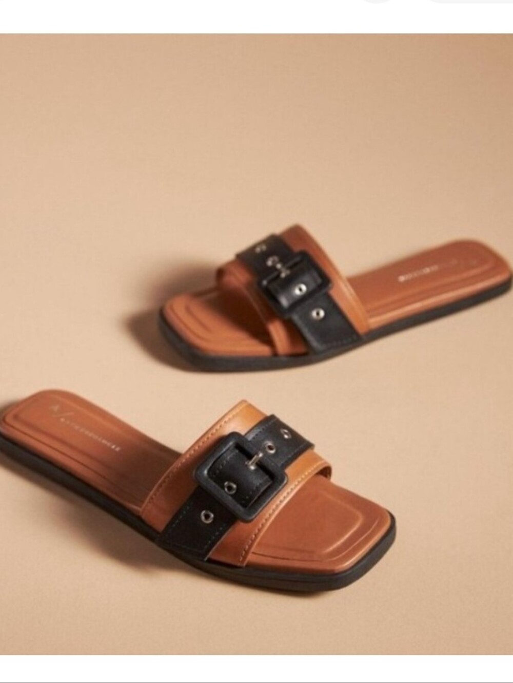 Anthropologie Buckle Square Toe Brown And Black Slide Sandals Size 8.5
